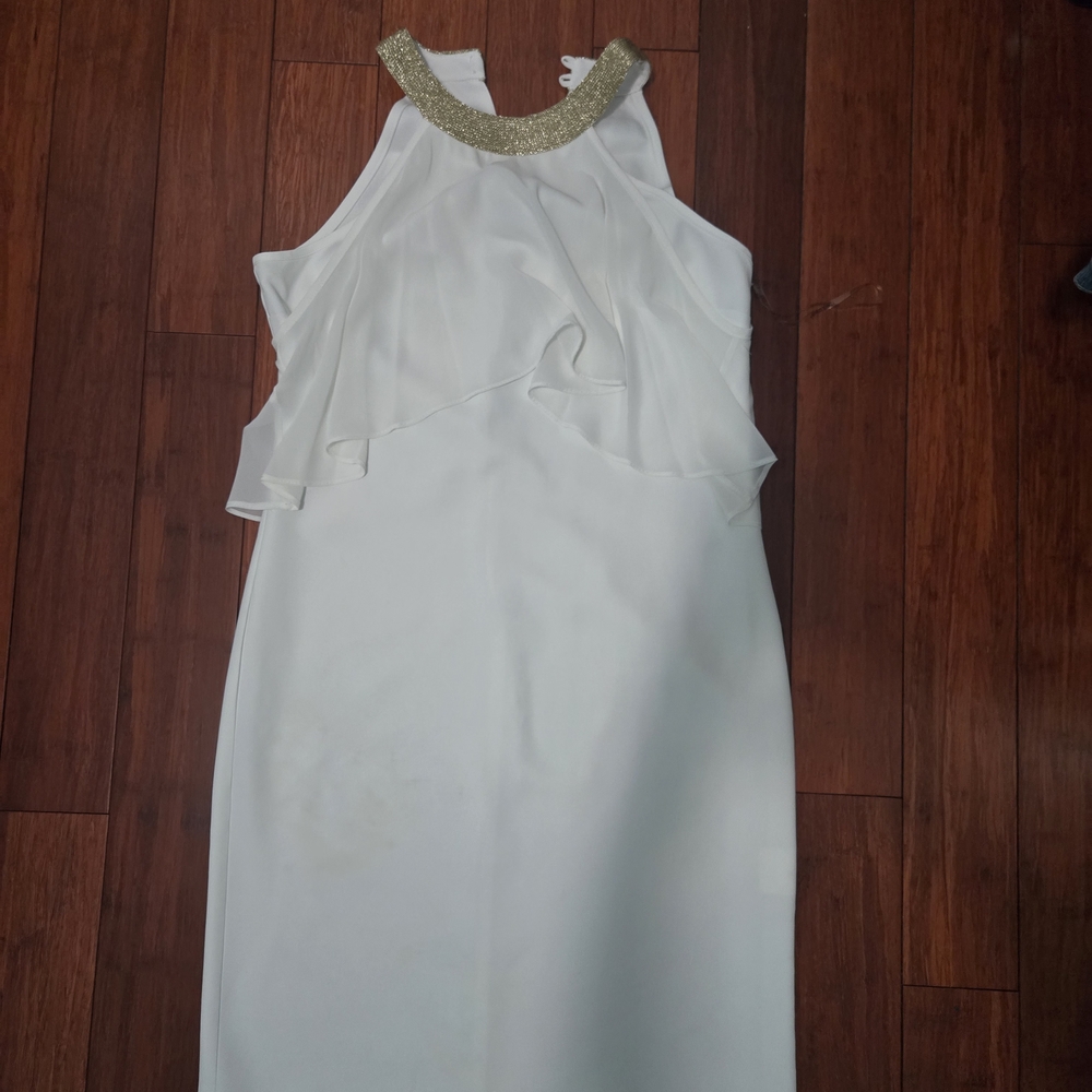 Frank Lyman Design White Dress with Gold Detail